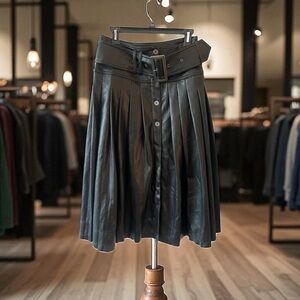 Pilcro Faux Leather Black Midi Skirt Size 0 Low Rise Pleated A-Line Anthropoloie